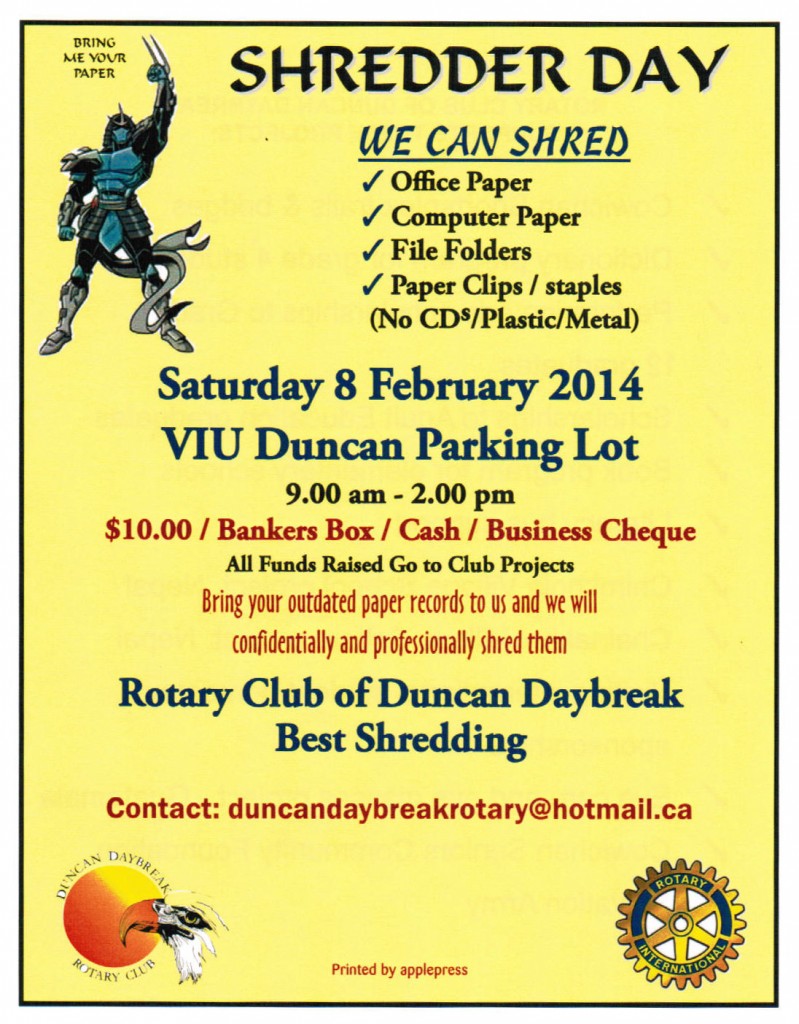 Rotary of Duncan Daybreak charity shred flyer